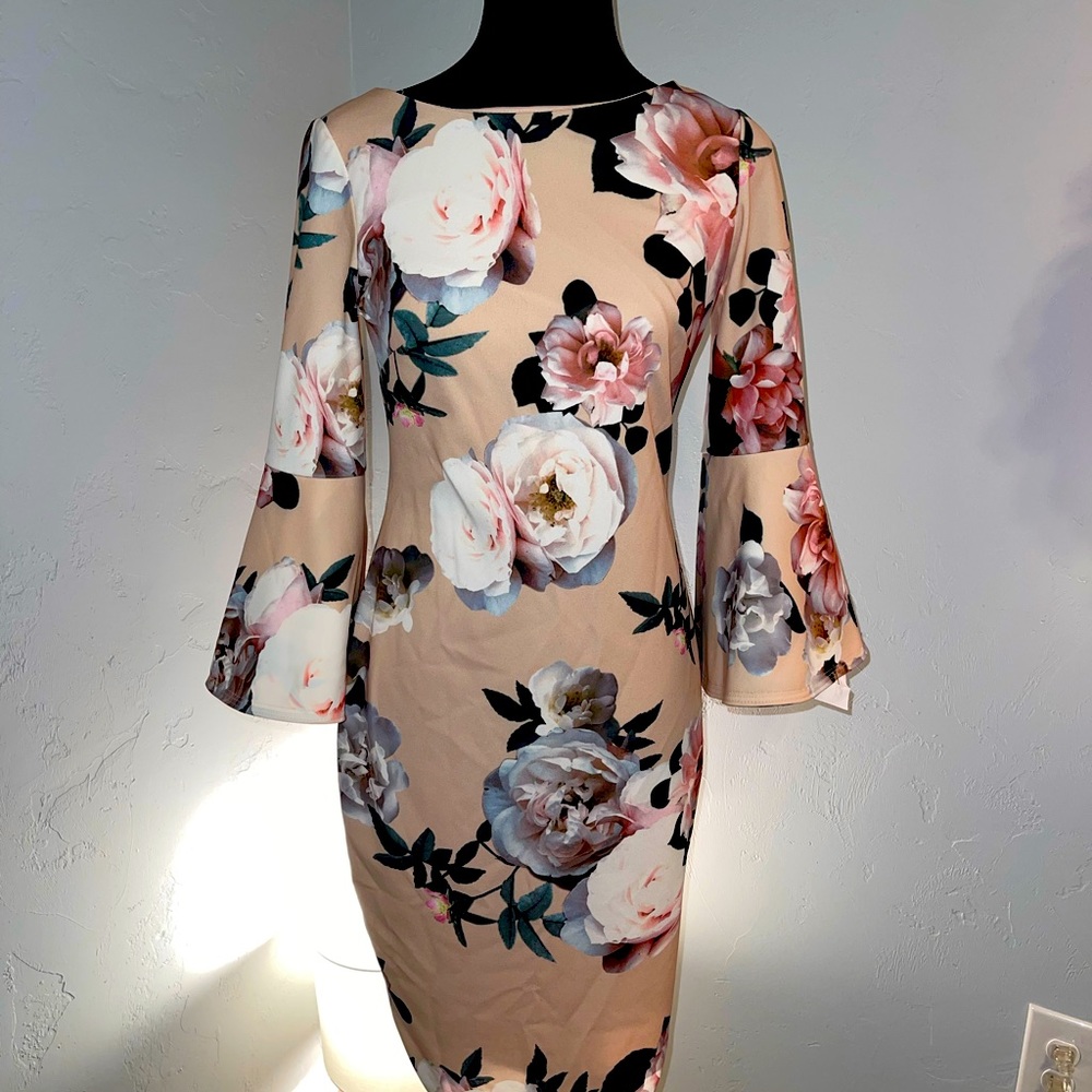 Beautiful dress with fluted sleeves. Has a nice floral print